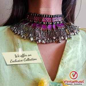 Purple Turkmen Handmade Tribal Choker With Glass Stones And Beads,Tribal Jewelry